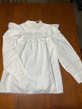 J. Crew White Ruffle Yoke Long-Sleeve Blouse